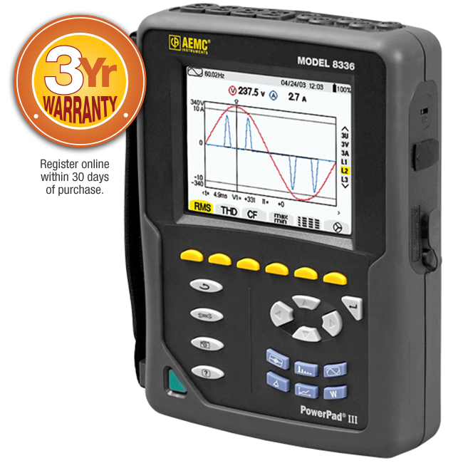 AEMC 8336 PowerPad III Power Quality Analyzer with AmpFlex Sensors, 24"